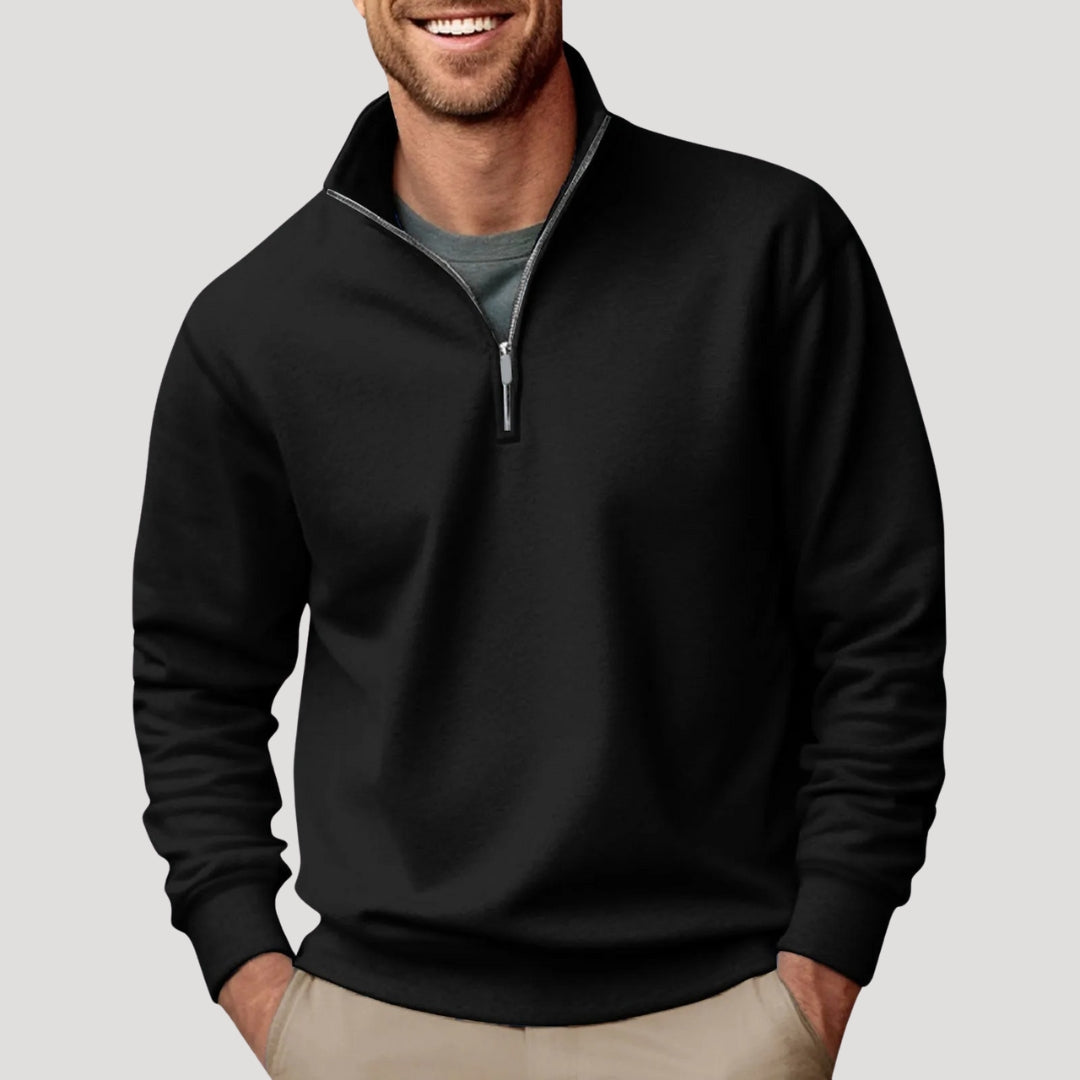 Men's plain quarter-zip pullover with stand collar and long sleeves