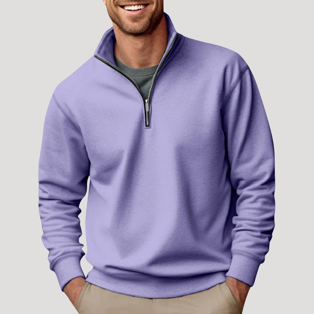 Men's plain quarter-zip pullover with stand collar and long sleeves