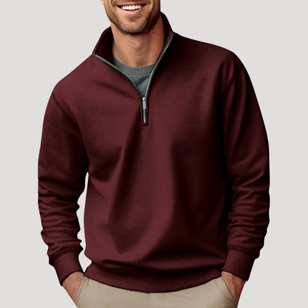 Men's plain quarter-zip pullover with stand collar and long sleeves
