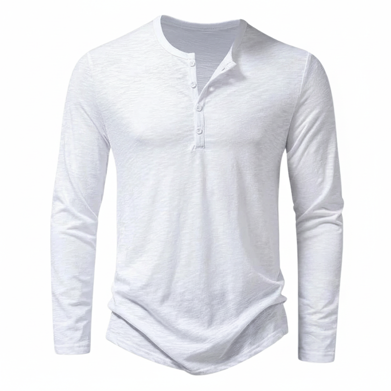 Men's long-sleeve Henley top with Mandarin collar and button placket