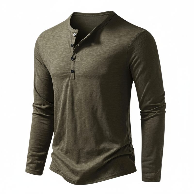 Men's long-sleeve Henley top with Mandarin collar and button placket