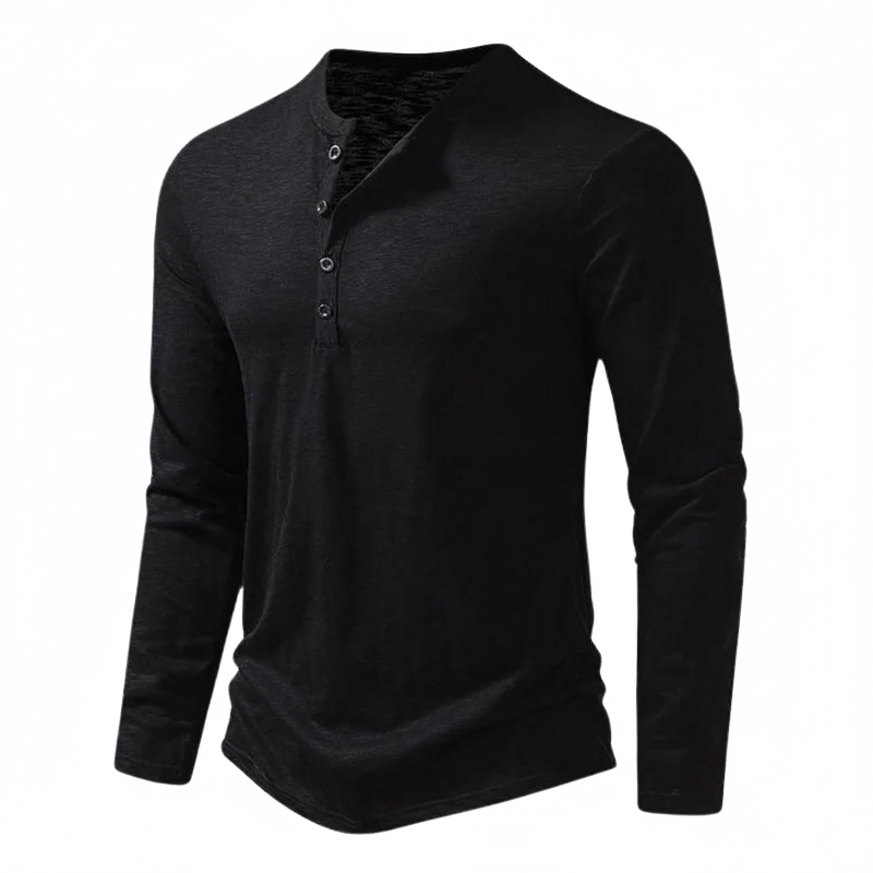 Men's long-sleeve Henley top with Mandarin collar and button placket