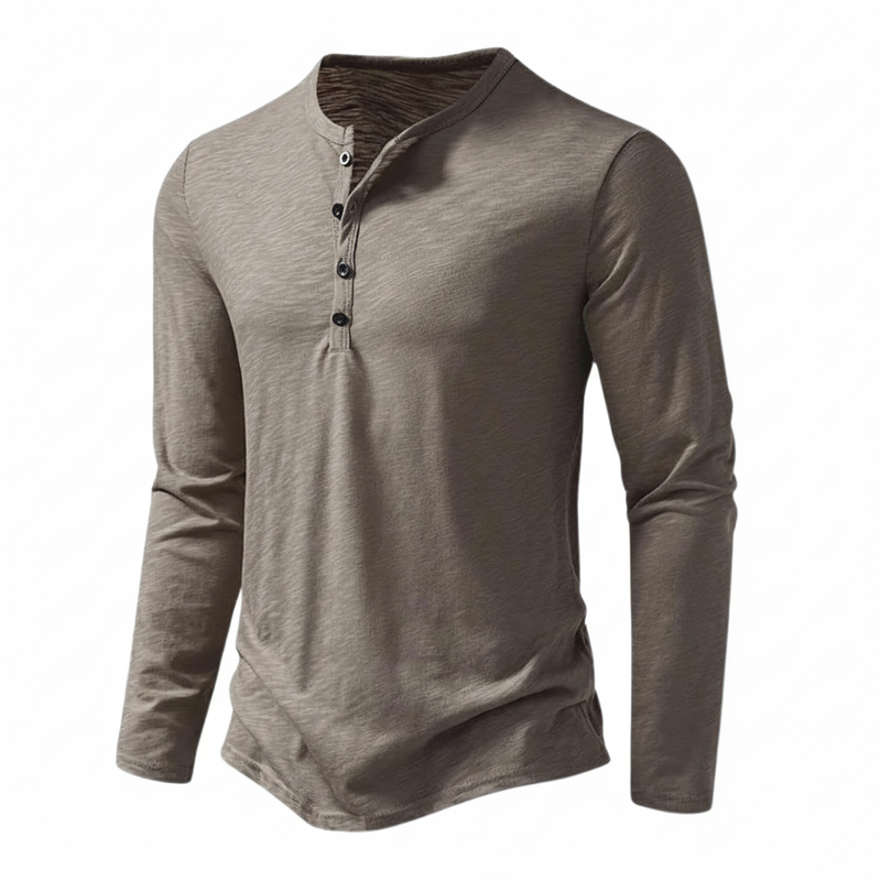 Men's long-sleeve Henley top with Mandarin collar and button placket