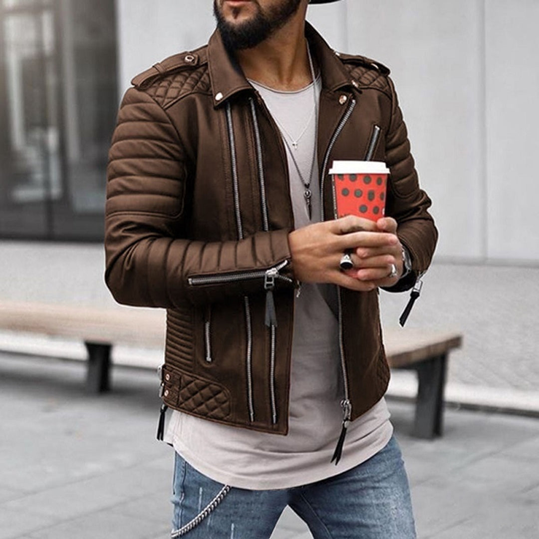 Men's padded biker jacket with quilted panels and multiple zips