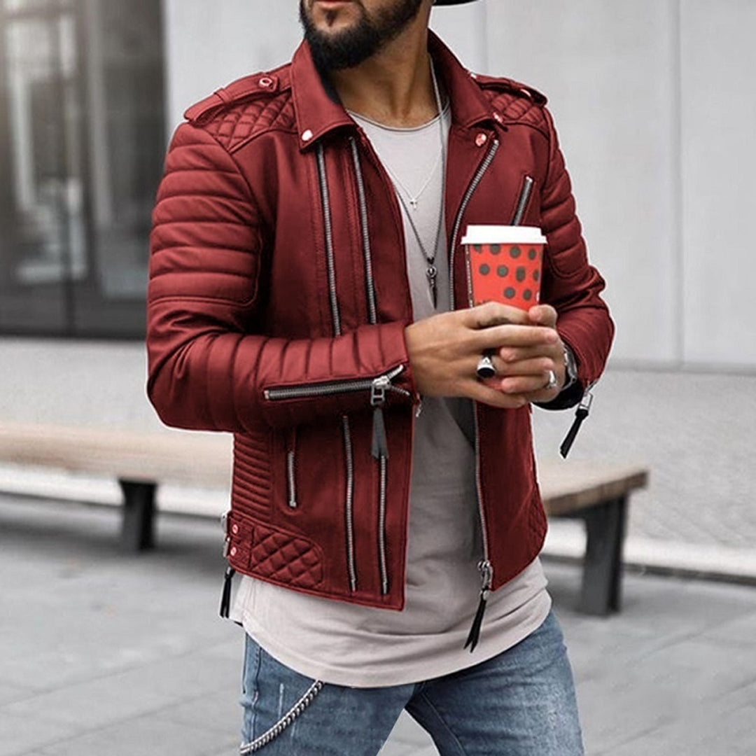Men's padded biker jacket with quilted panels and multiple zips