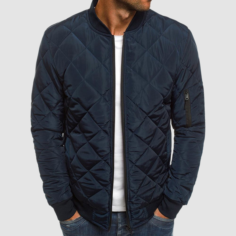 Men's quilted bomber jacket with mock collar, long sleeves and zip fastening