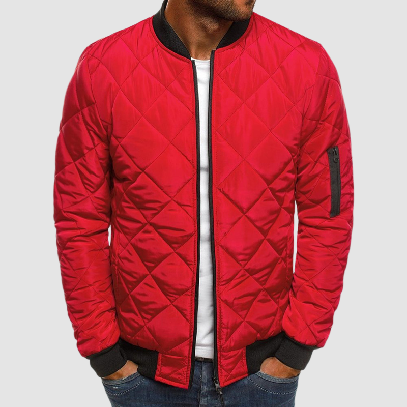 Men's quilted bomber jacket with mock collar, long sleeves and zip fastening