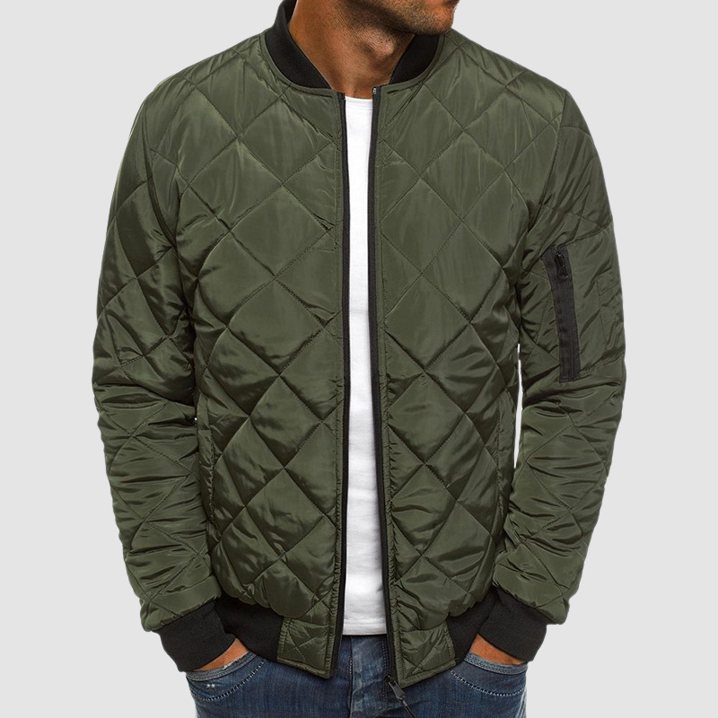 Men's quilted bomber jacket with mock collar, long sleeves and zip fastening
