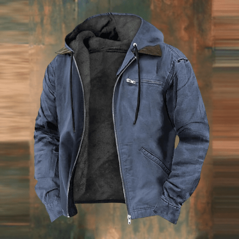Men's hooded jacket with zip front, chest zip pocket and angled side pockets