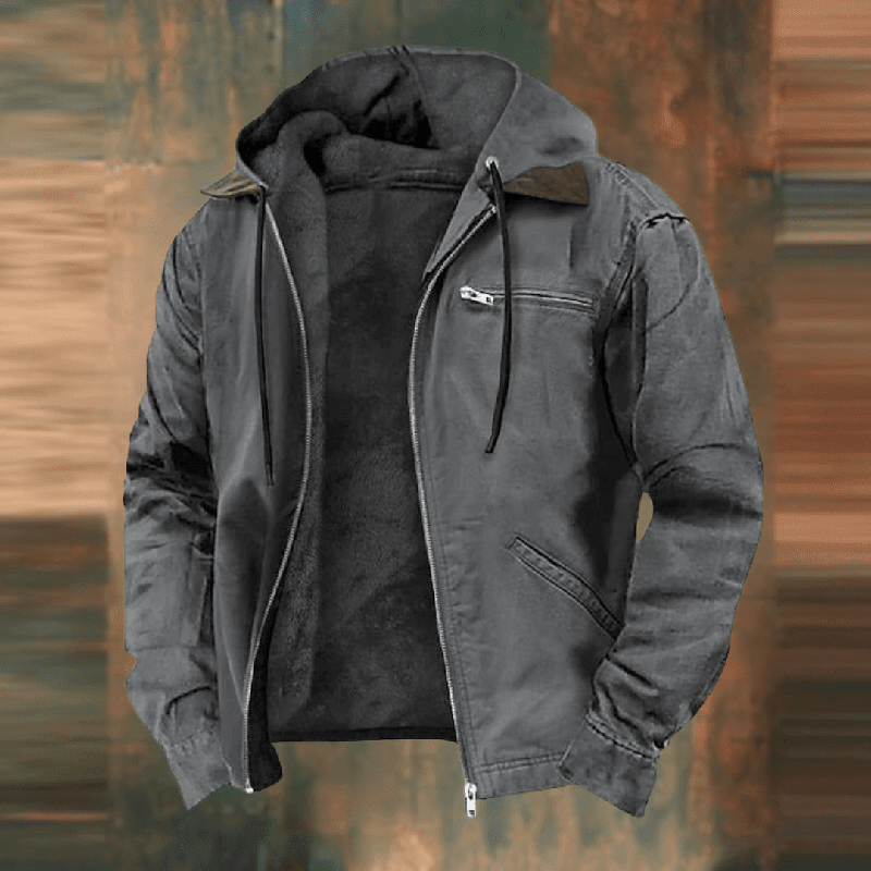 Men's hooded jacket with zip front, chest zip pocket and angled side pockets
