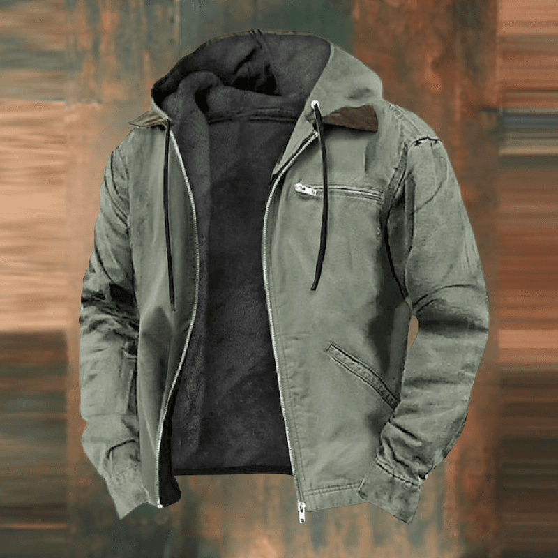 Men's hooded jacket with zip front, chest zip pocket and angled side pockets