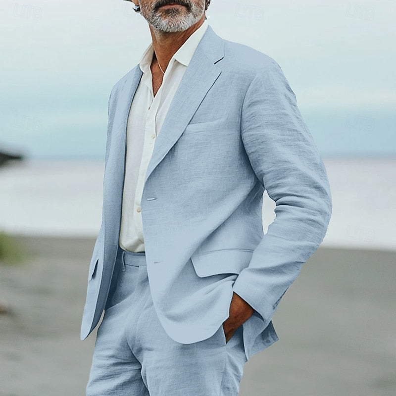 Men's two piece tailored suit with notch lapel jacket and matching trousers