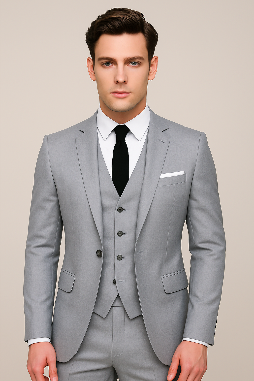 Men's three-piece suit with tailored jacket, waistcoat and trousers