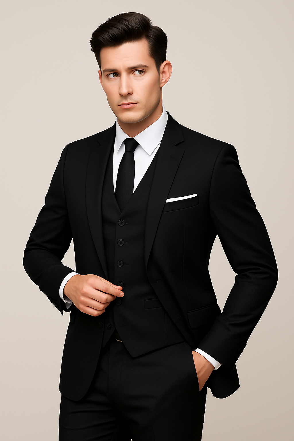Men's three-piece suit with tailored jacket, waistcoat and trousers