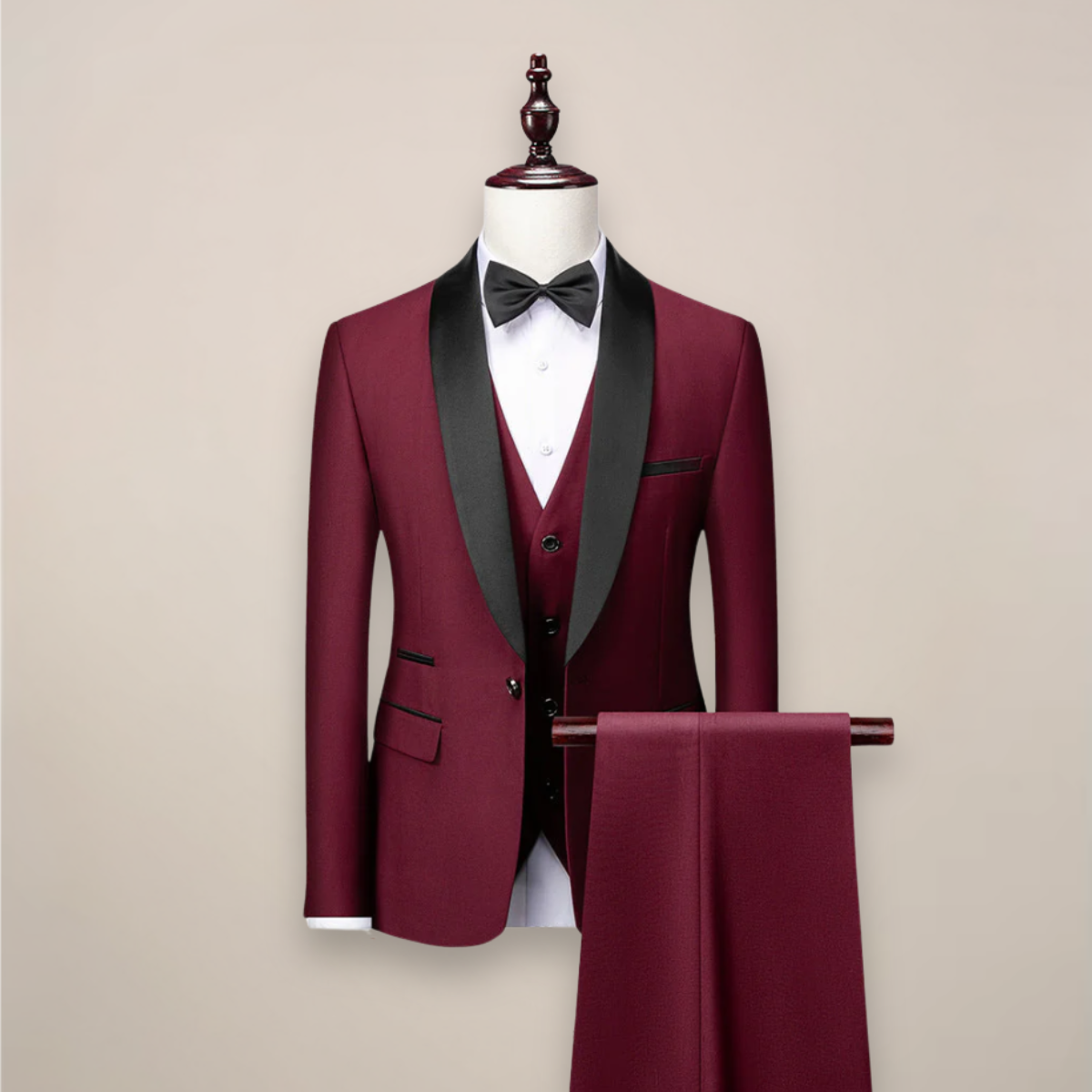 Men's three-piece tuxedo suit with shawl lapels, waistcoat and matching trousers