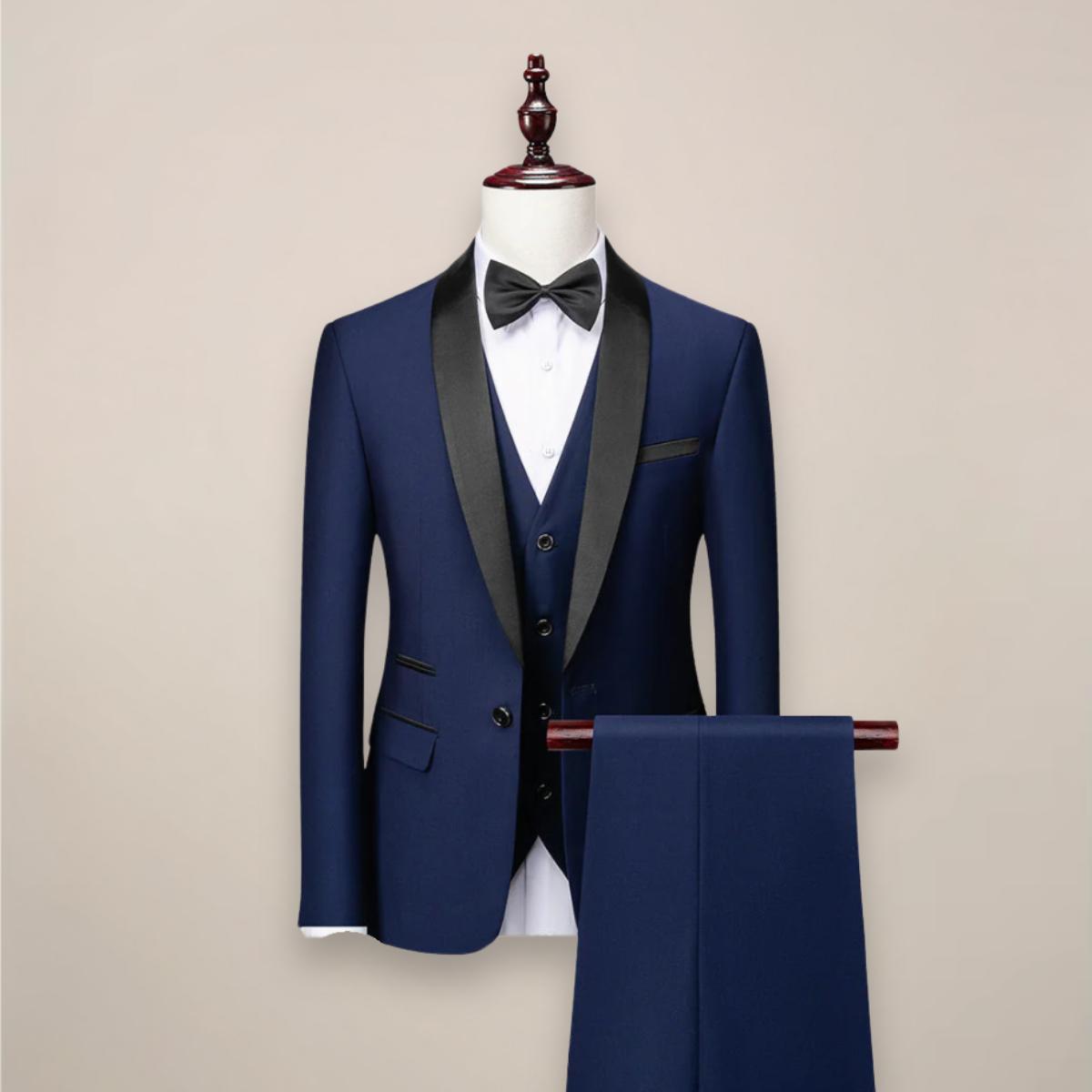 Men's three-piece tuxedo suit with shawl lapels, waistcoat and matching trousers