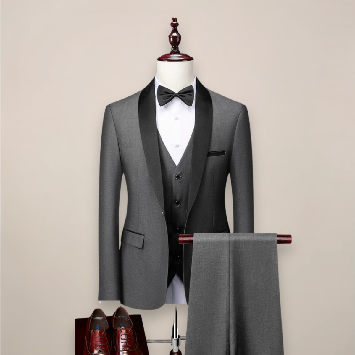 Men's three-piece tuxedo suit with shawl lapels, waistcoat and matching trousers