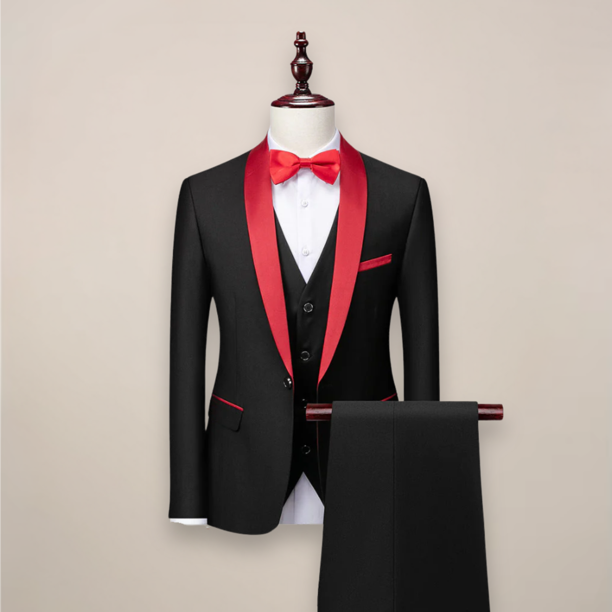 Men's three-piece tuxedo suit with shawl lapels, waistcoat and matching trousers