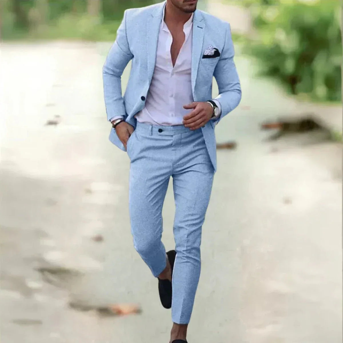 Men's formal suit set with notched lapels, long sleeves and slim trousers