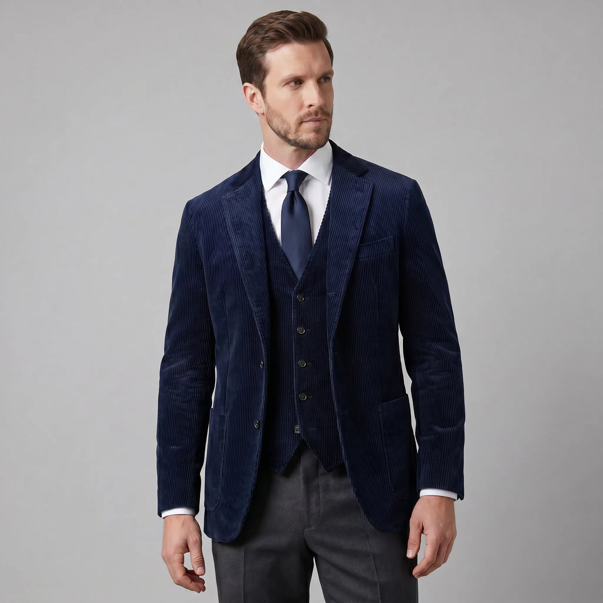Men's corduroy blazer and buttoned waistcoat set with notched lapels