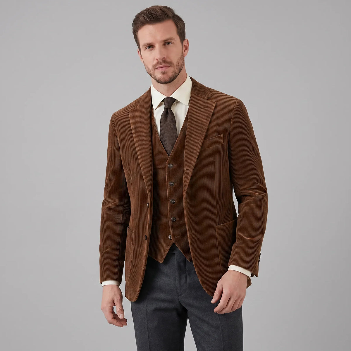 Men's corduroy blazer and buttoned waistcoat set with notched lapels
