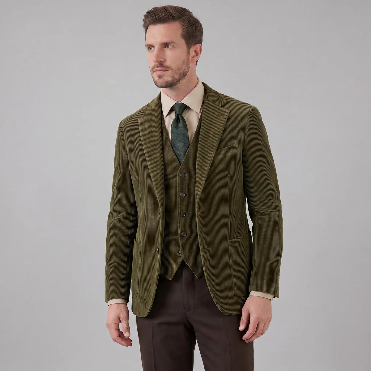 Men's corduroy blazer and buttoned waistcoat set with notched lapels