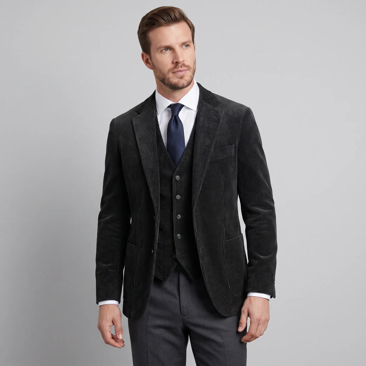 Men's corduroy blazer and buttoned waistcoat set with notched lapels