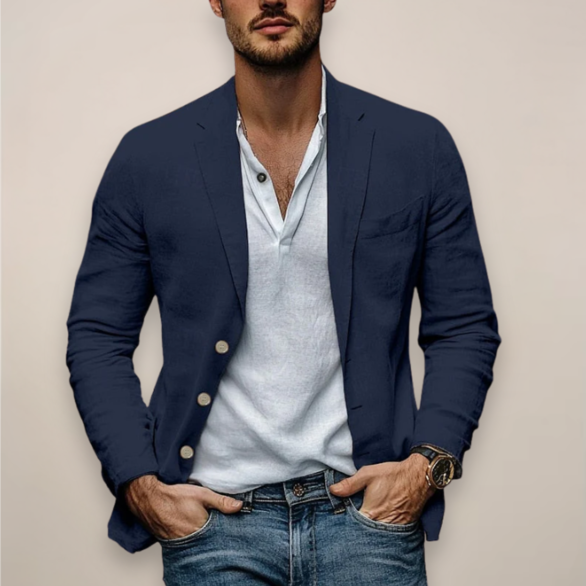 Men's plain button-front blazer with notched lapels and long sleeves