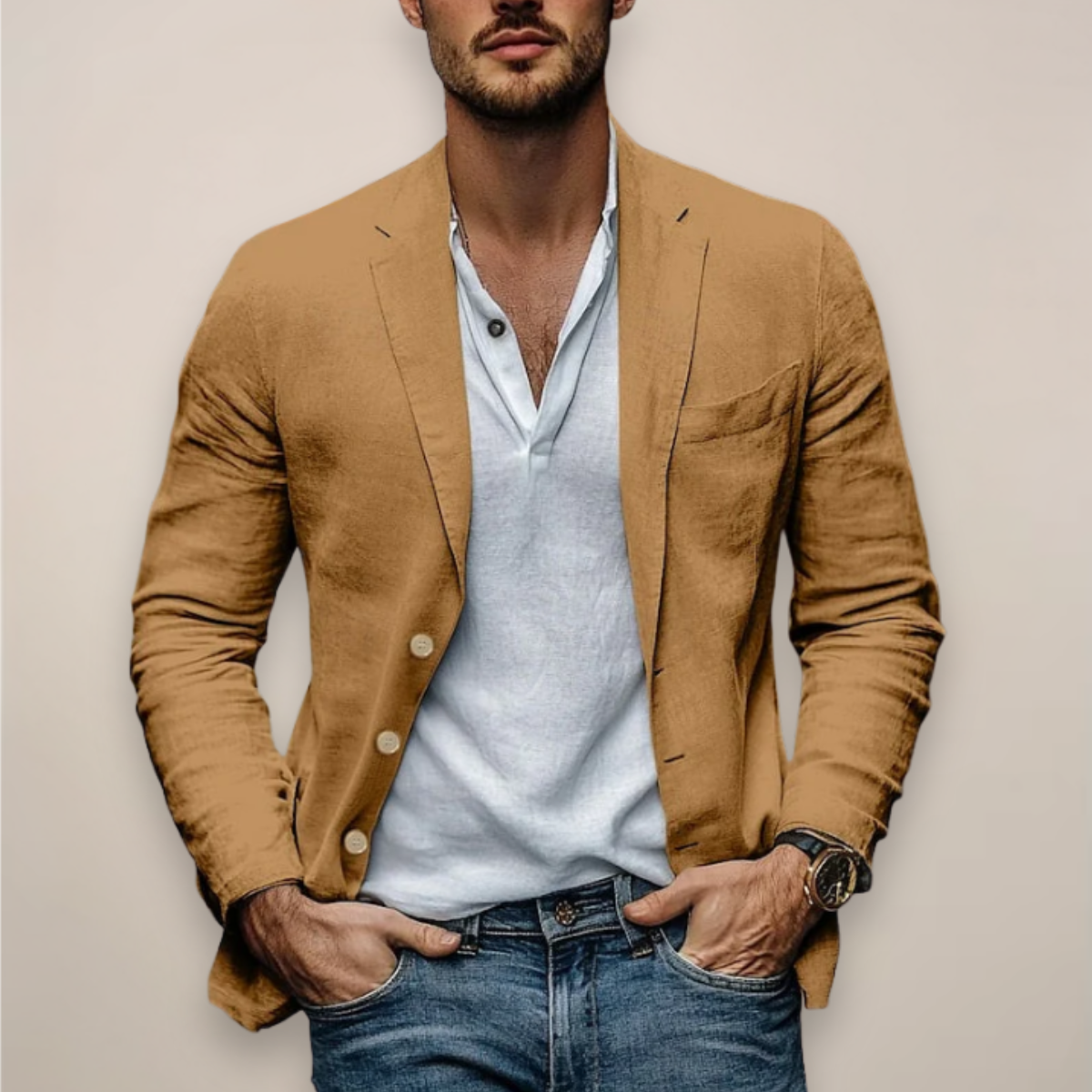 Men's plain button-front blazer with notched lapels and long sleeves