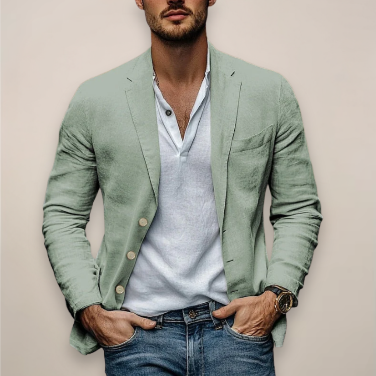 Men's plain button-front blazer with notched lapels and long sleeves