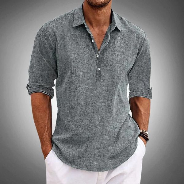 Men's textured button-front shirt with collared neckline and roll-tab sleeves