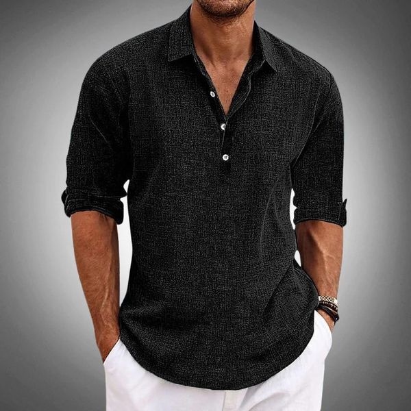 Men's textured button-front shirt with collared neckline and roll-tab sleeves