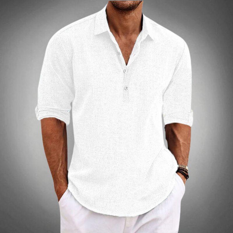 Men's textured button-front shirt with collared neckline and roll-tab sleeves