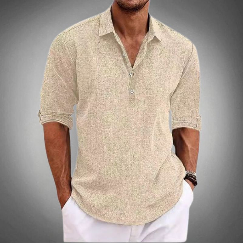 Men's textured button-front shirt with collared neckline and roll-tab sleeves