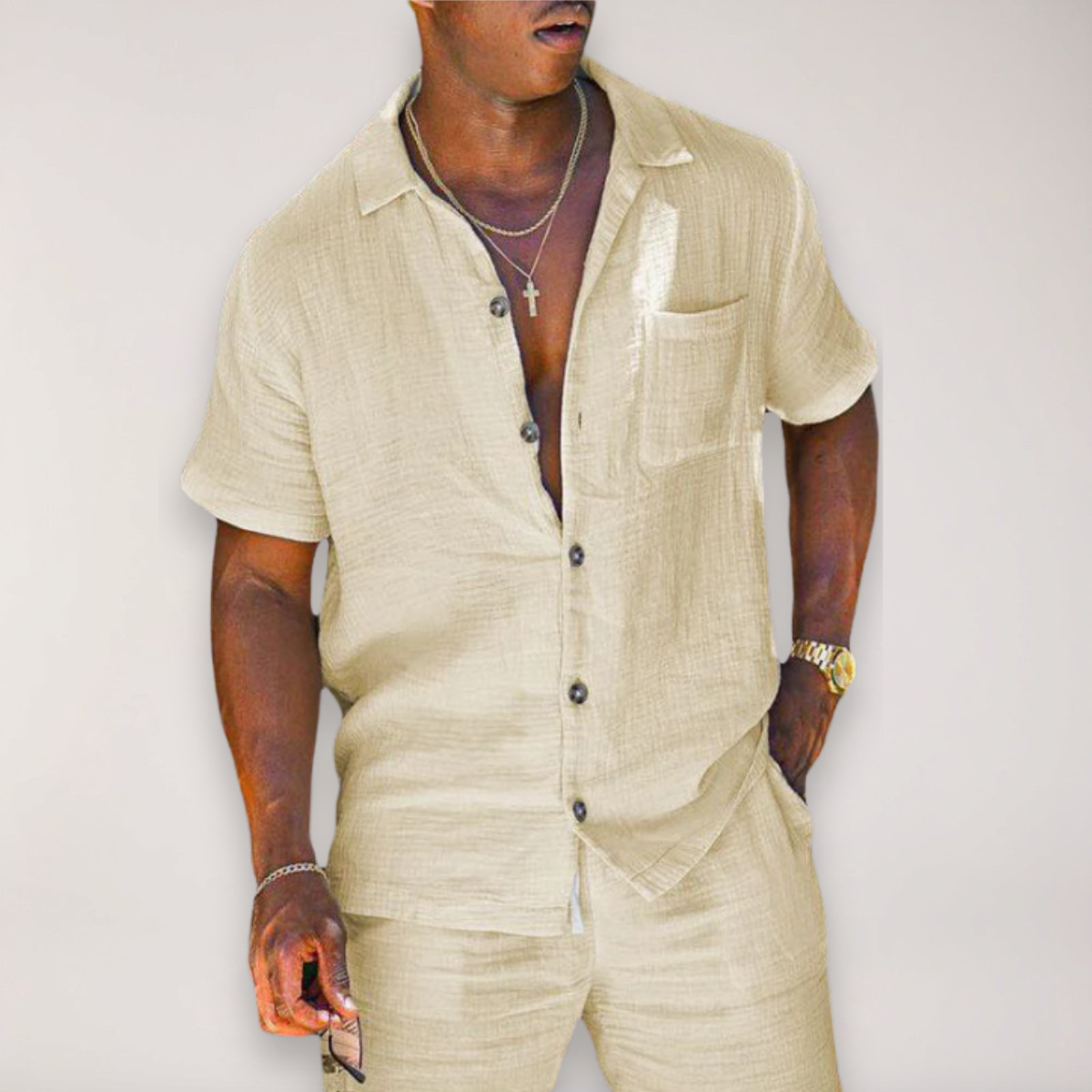 Men's textured short-sleeve shirt and matching shorts two-piece set