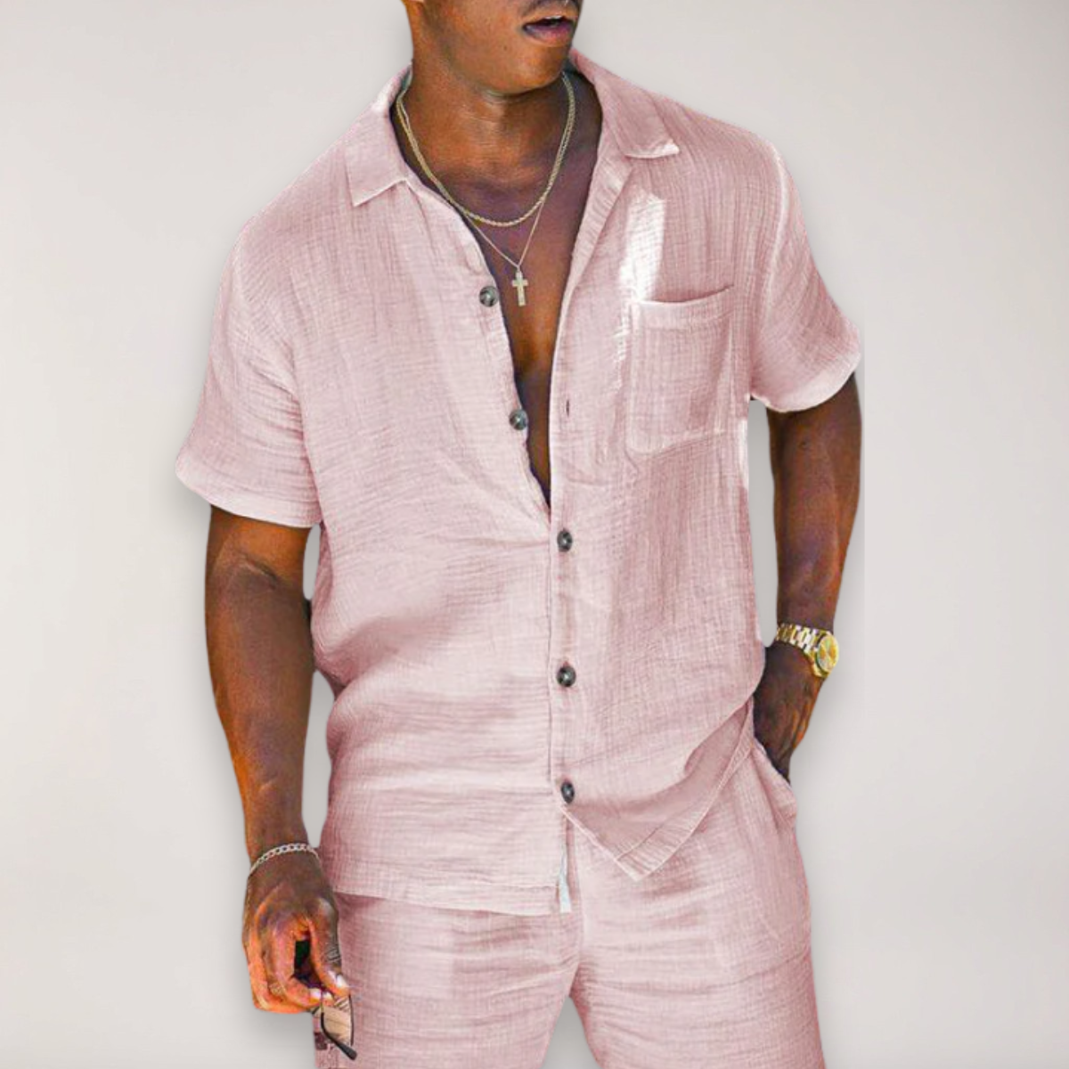 Men's textured short-sleeve shirt and matching shorts two-piece set
