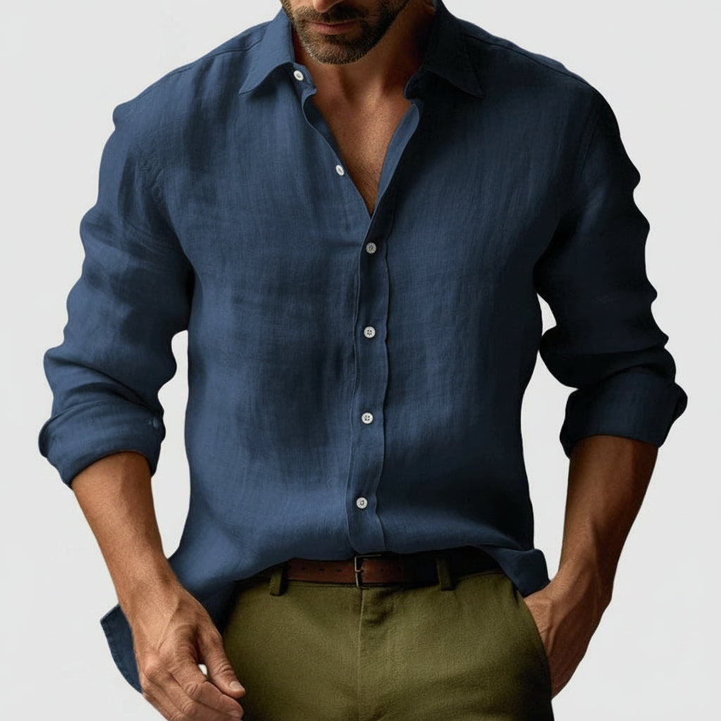 Men's vintage button-front shirt with open collar and rolled long sleeves