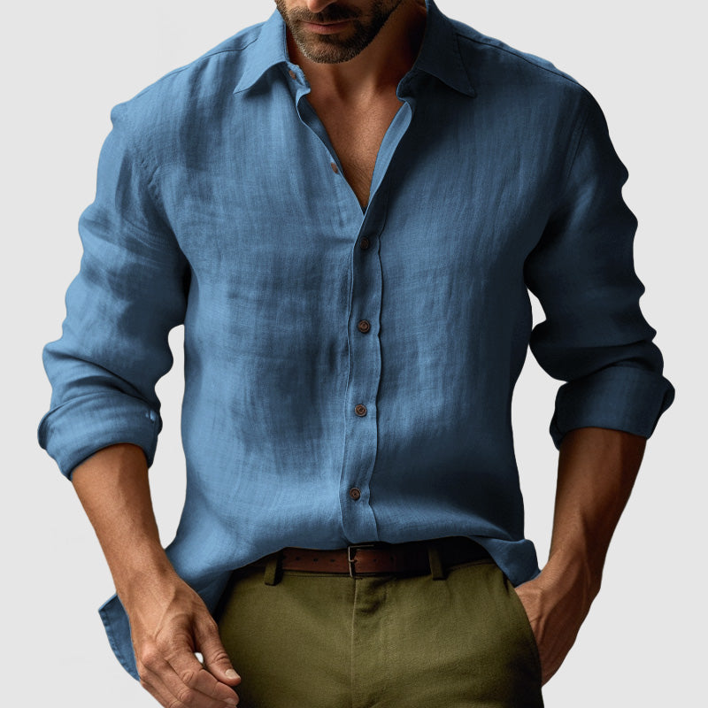 Men's vintage button-front shirt with open collar and rolled long sleeves