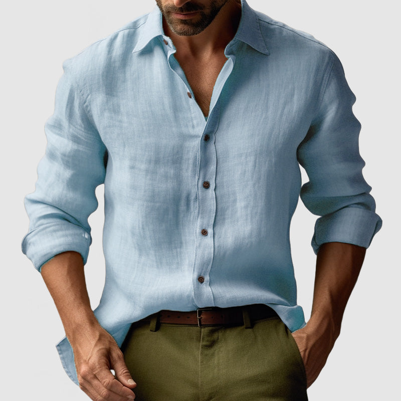 Men's vintage button-front shirt with open collar and rolled long sleeves