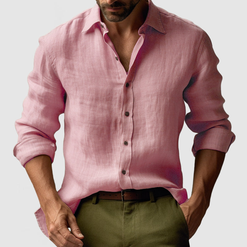 Men's vintage button-front shirt with open collar and rolled long sleeves