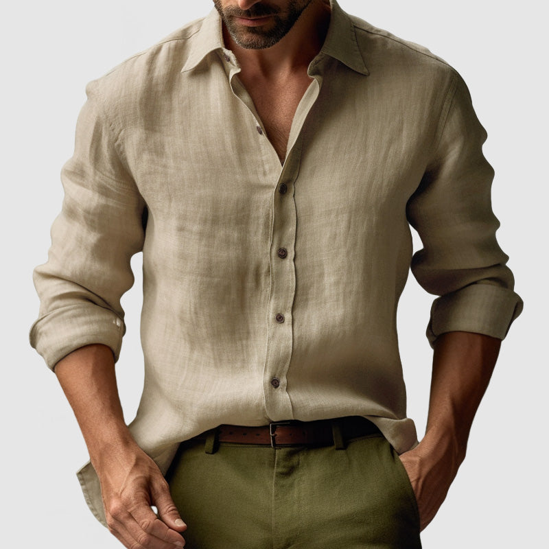 Men's vintage button-front shirt with open collar and rolled long sleeves