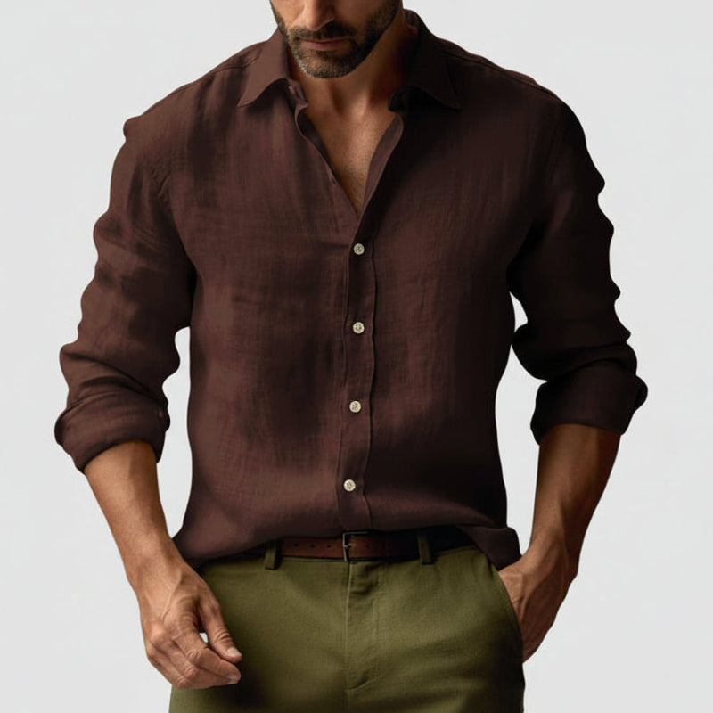 Men's vintage button-front shirt with open collar and rolled long sleeves