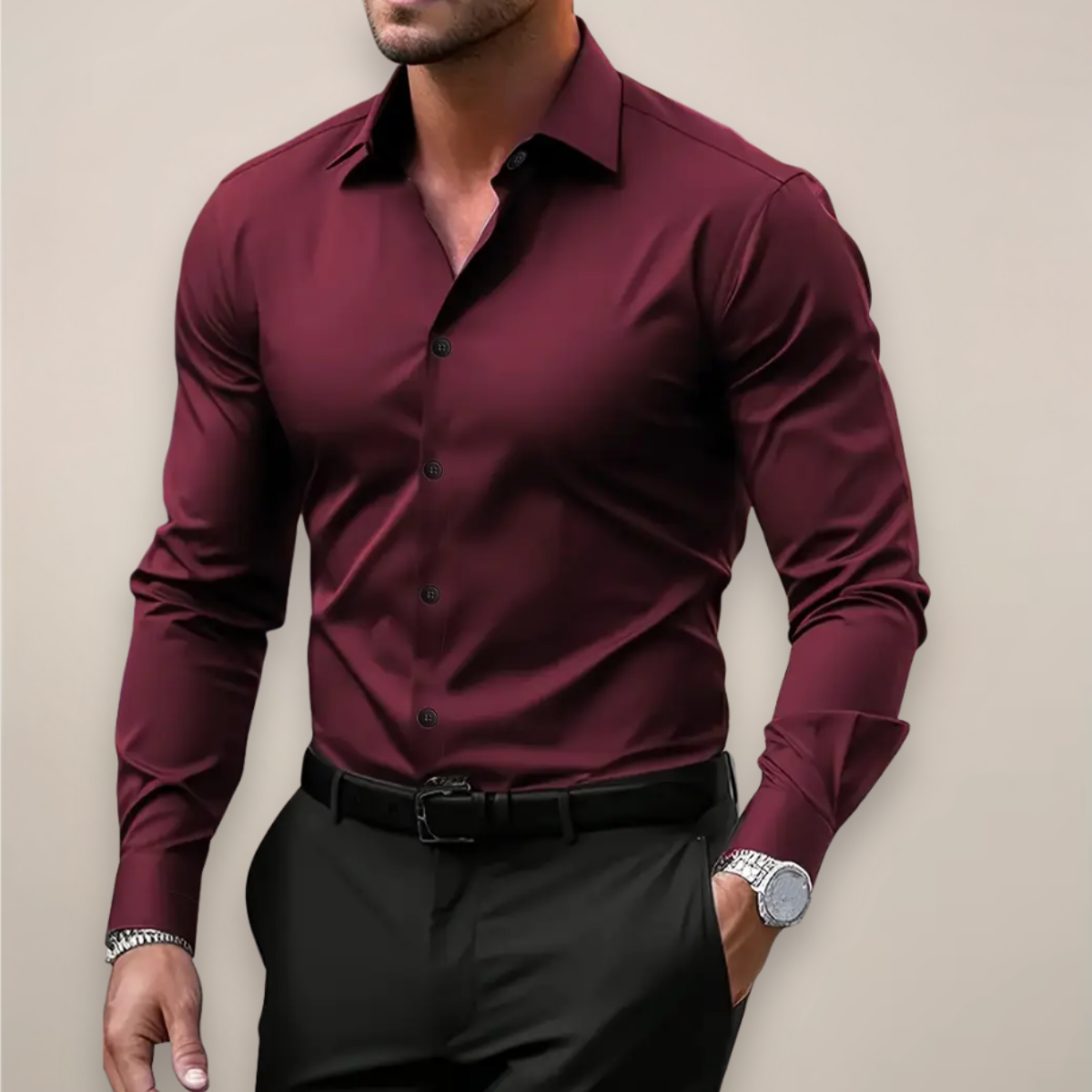 Men's slim fit long-sleeve shirt with pointed collar and button front