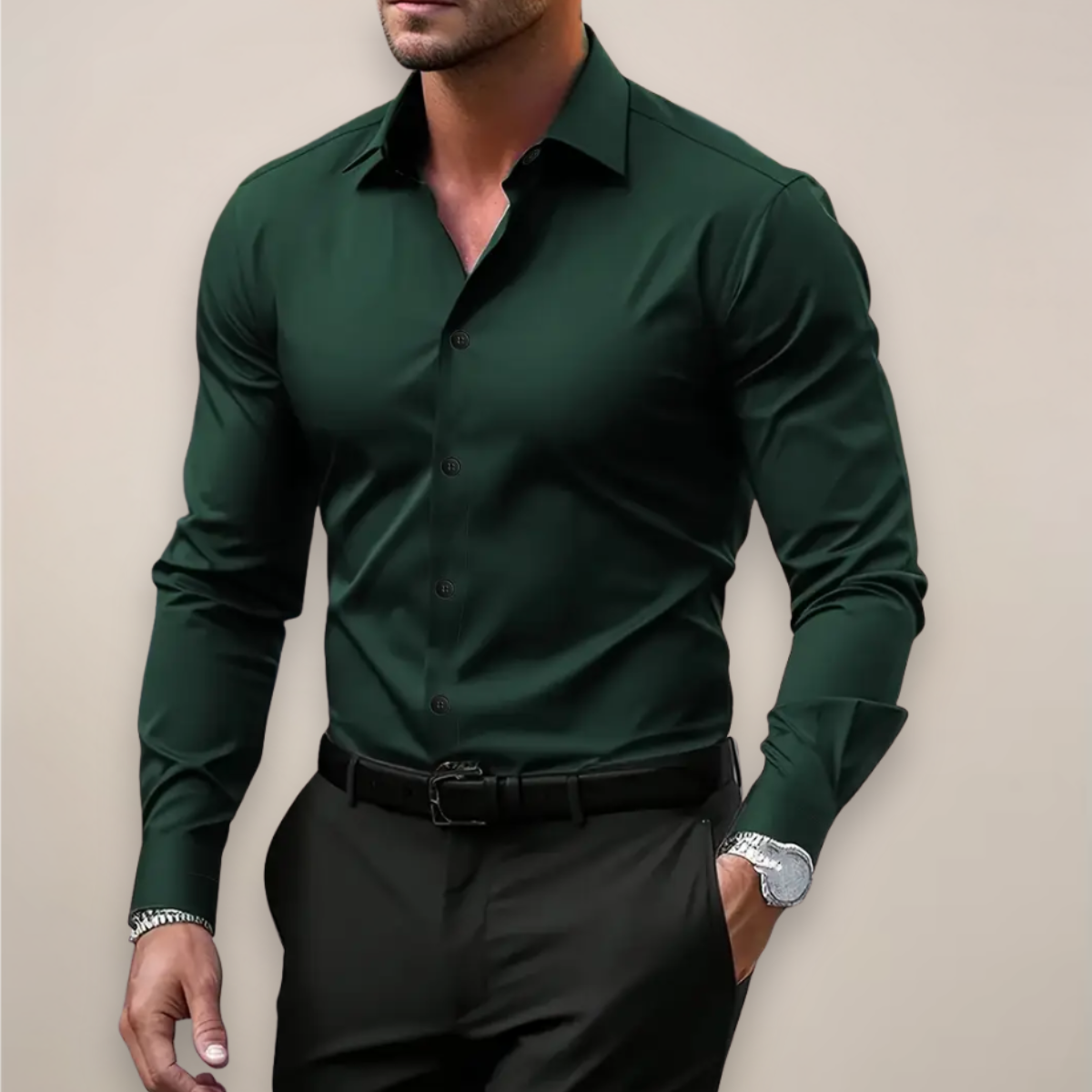 Men's slim fit long-sleeve shirt with pointed collar and button front
