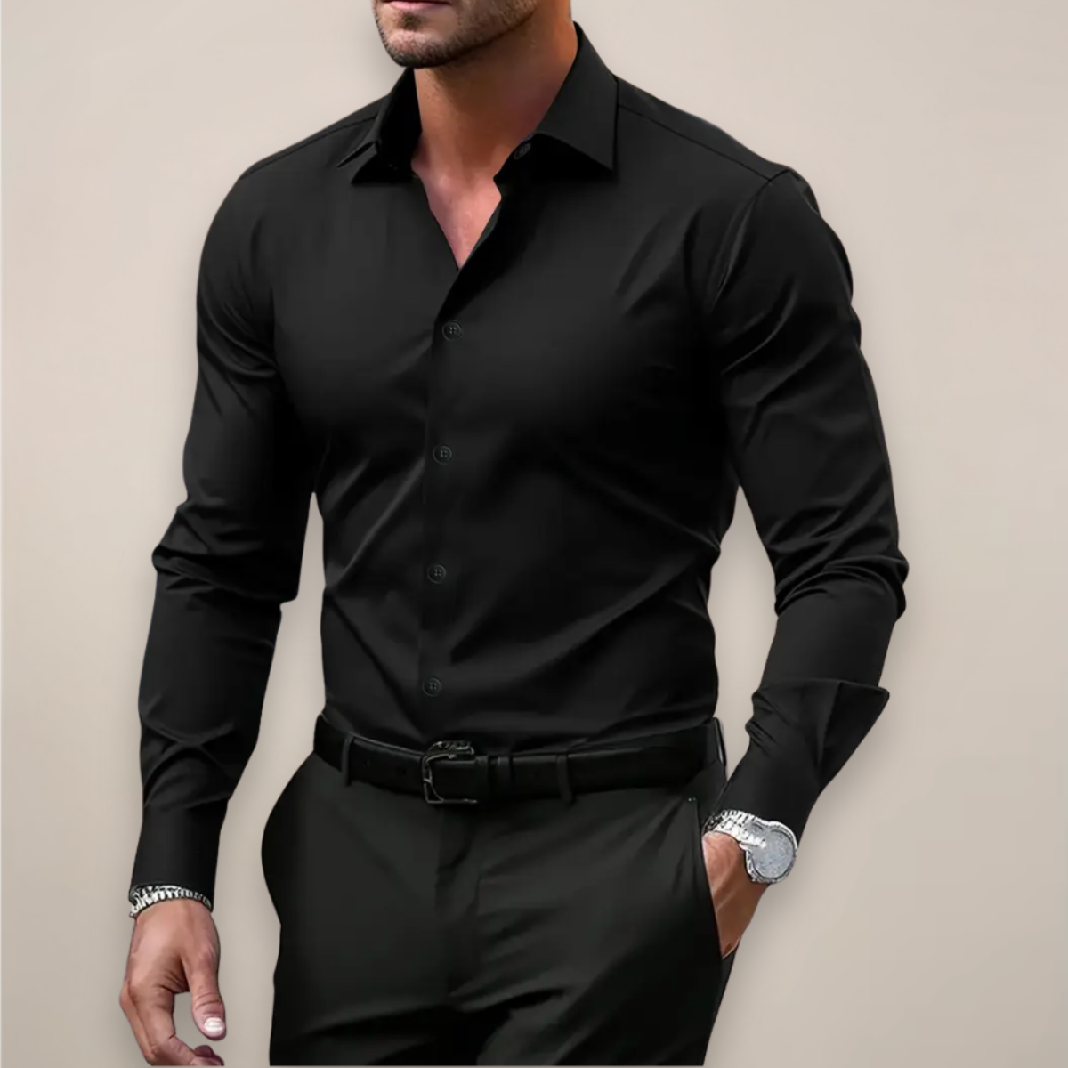 Men's slim fit long-sleeve shirt with pointed collar and button front