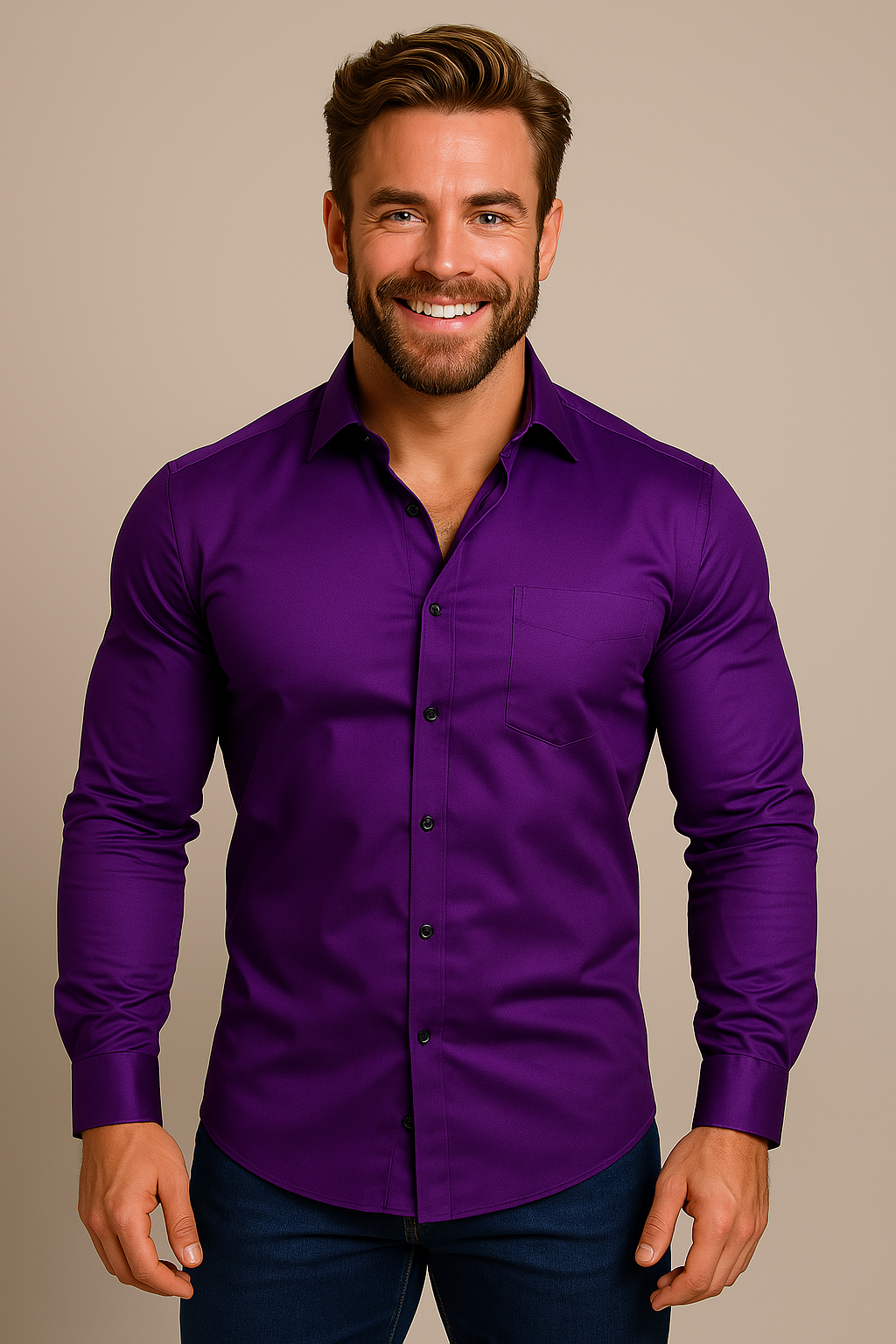 Men's fitted long sleeve shirt with pointed collar, button front and chest pocket