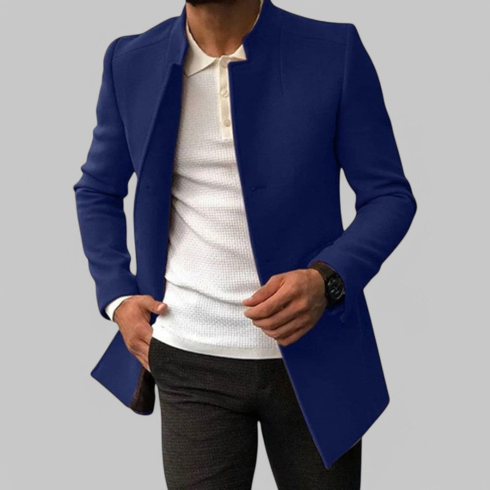 Men's longline coat with stand collar and button fastening
