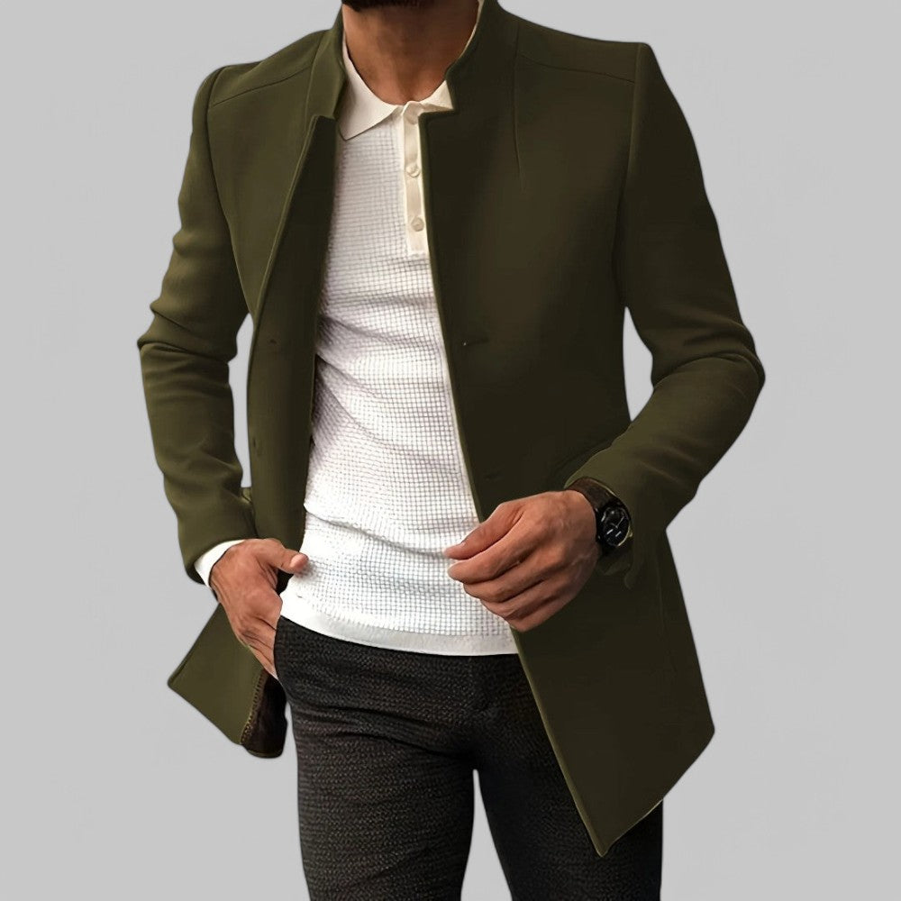 Men's longline coat with stand collar and button fastening