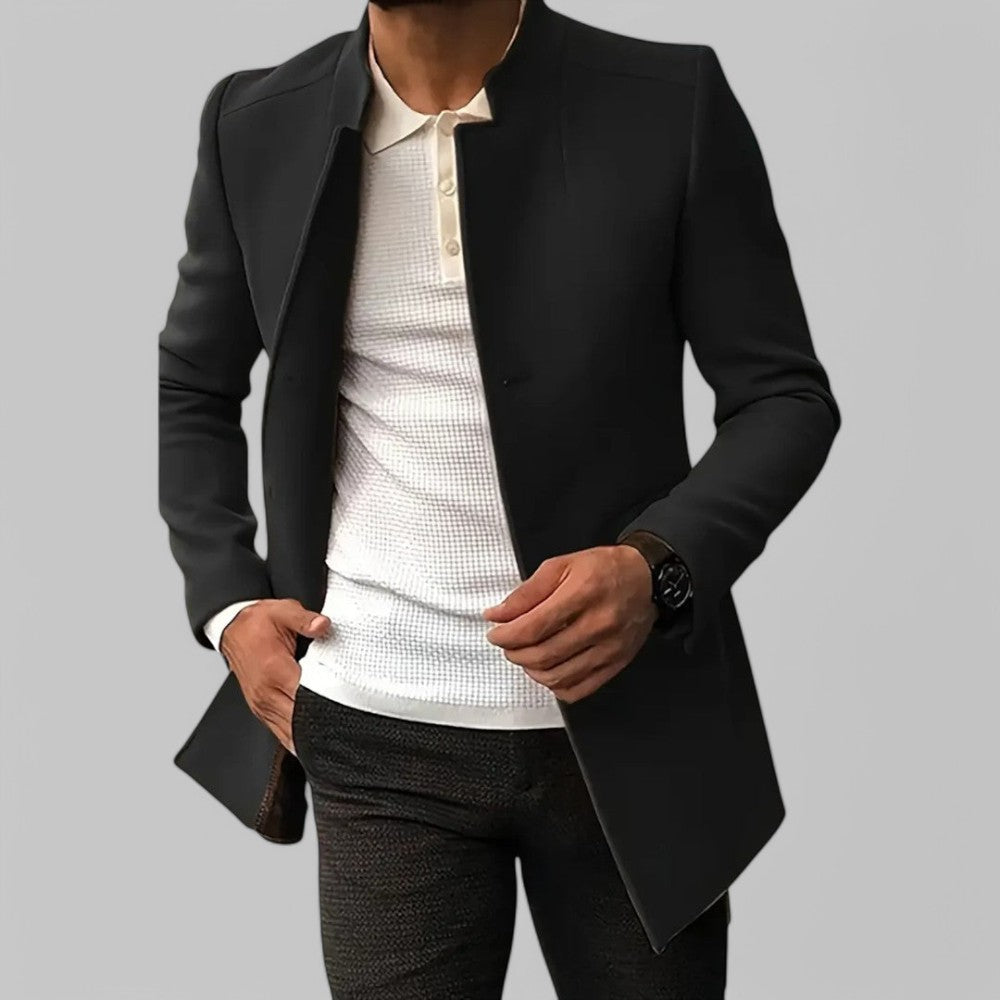 Men's longline coat with stand collar and button fastening