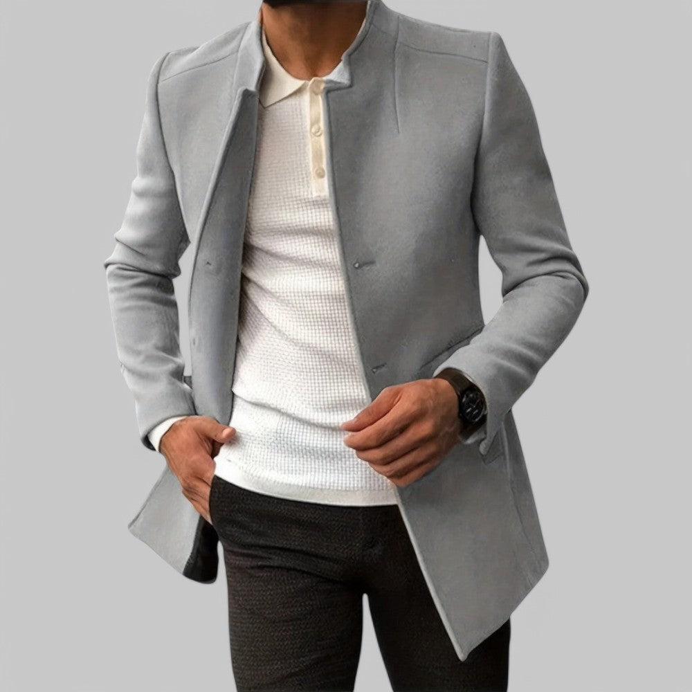 Men's longline coat with stand collar and button fastening